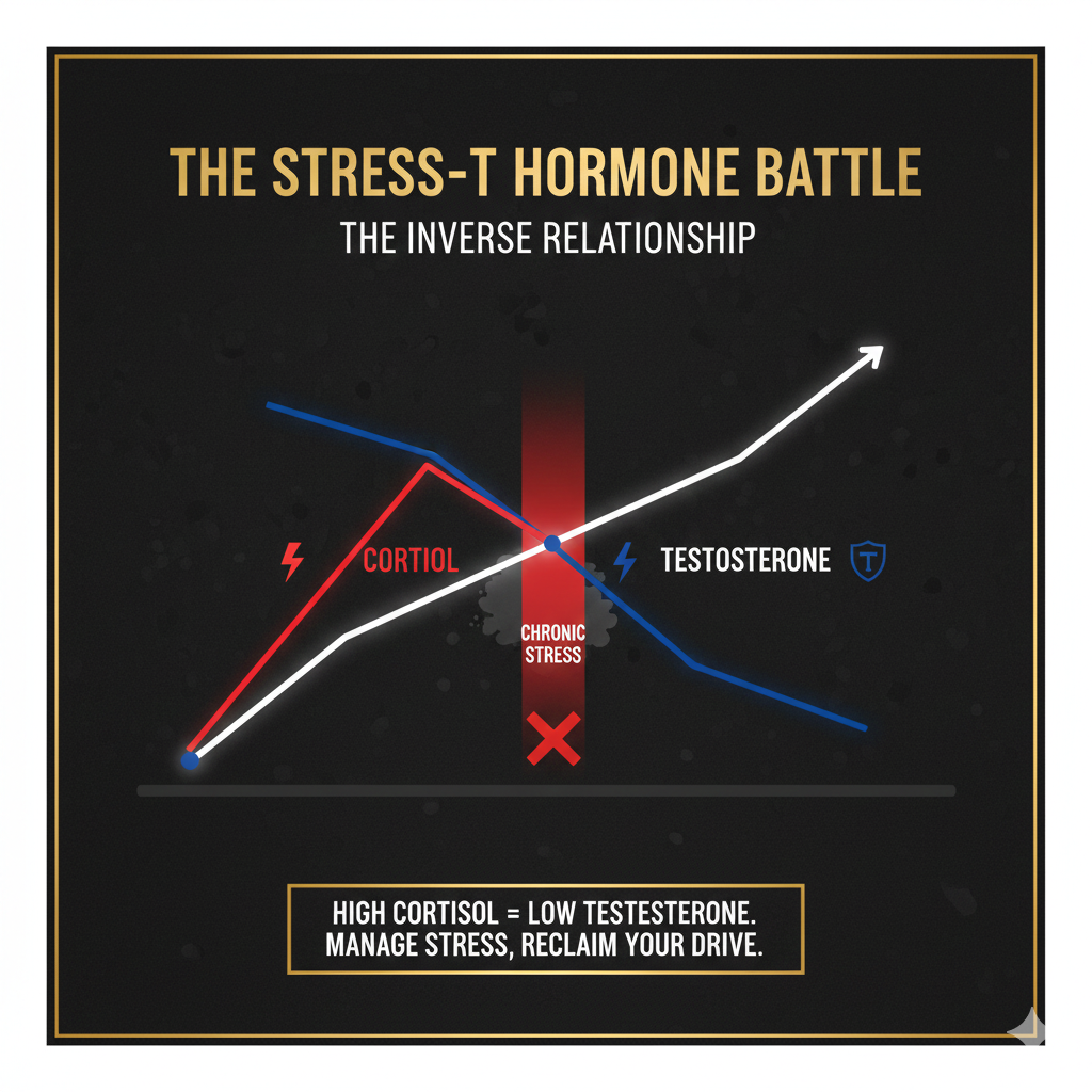 A simple illustration of two crossing lines, one ascending (labeled CORTISOL) and one descending (labeled TESTOSTERONE), symbolizing their inverse relationship under chronic stress