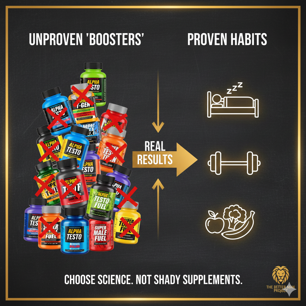 A side-by-side comparison illustrating a stack of colorful OTC supplement bottles contrasted with simple graphic icons representing healthy habits like a sleeping man, a barbell, and fruits