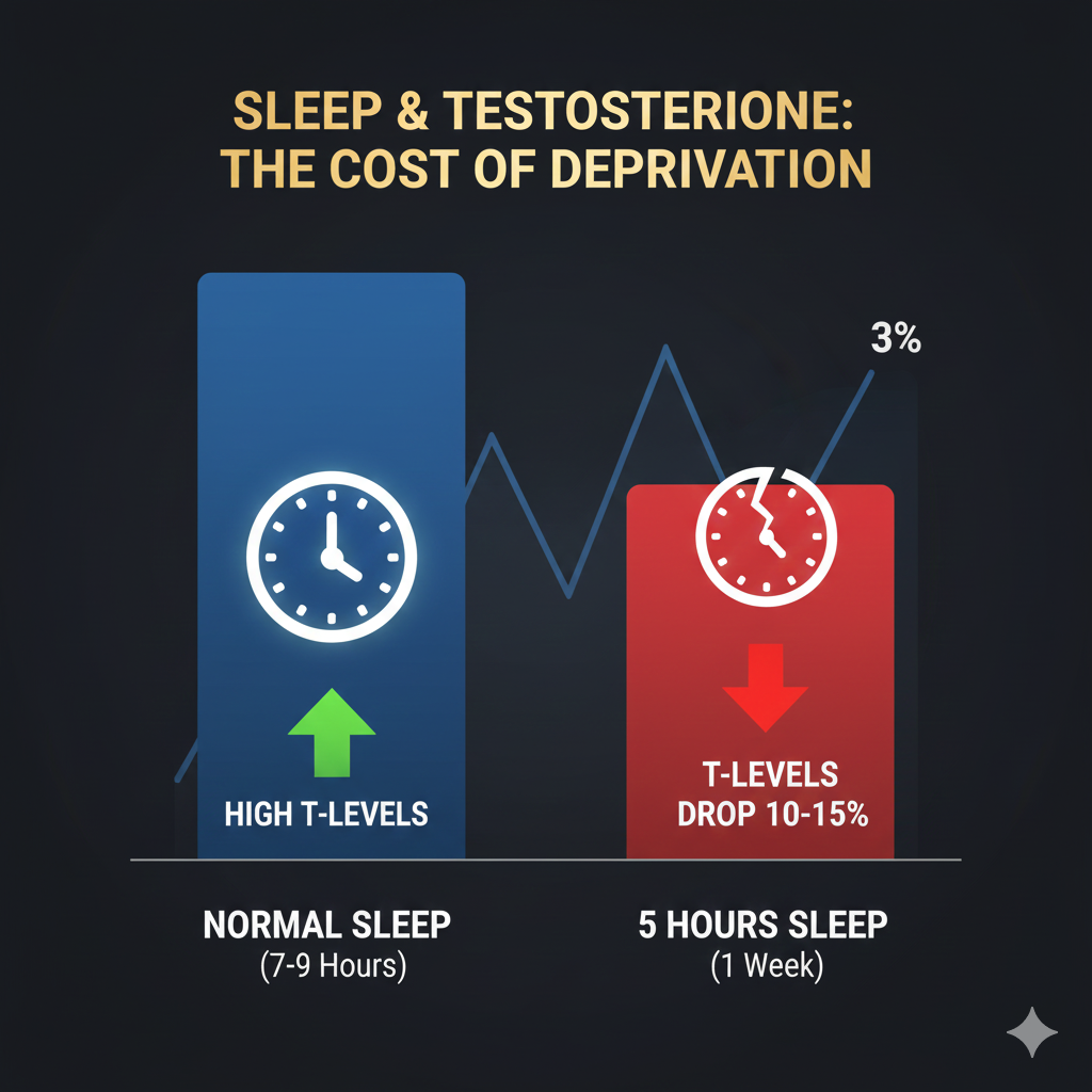 A side-by-side bar chart showing two bars: one labeled "Normal Sleep" with high T levels, and one labeled "5 Hours Sleep" with T levels dropped by 10-15%. Use a clock graphic for visual clarity.