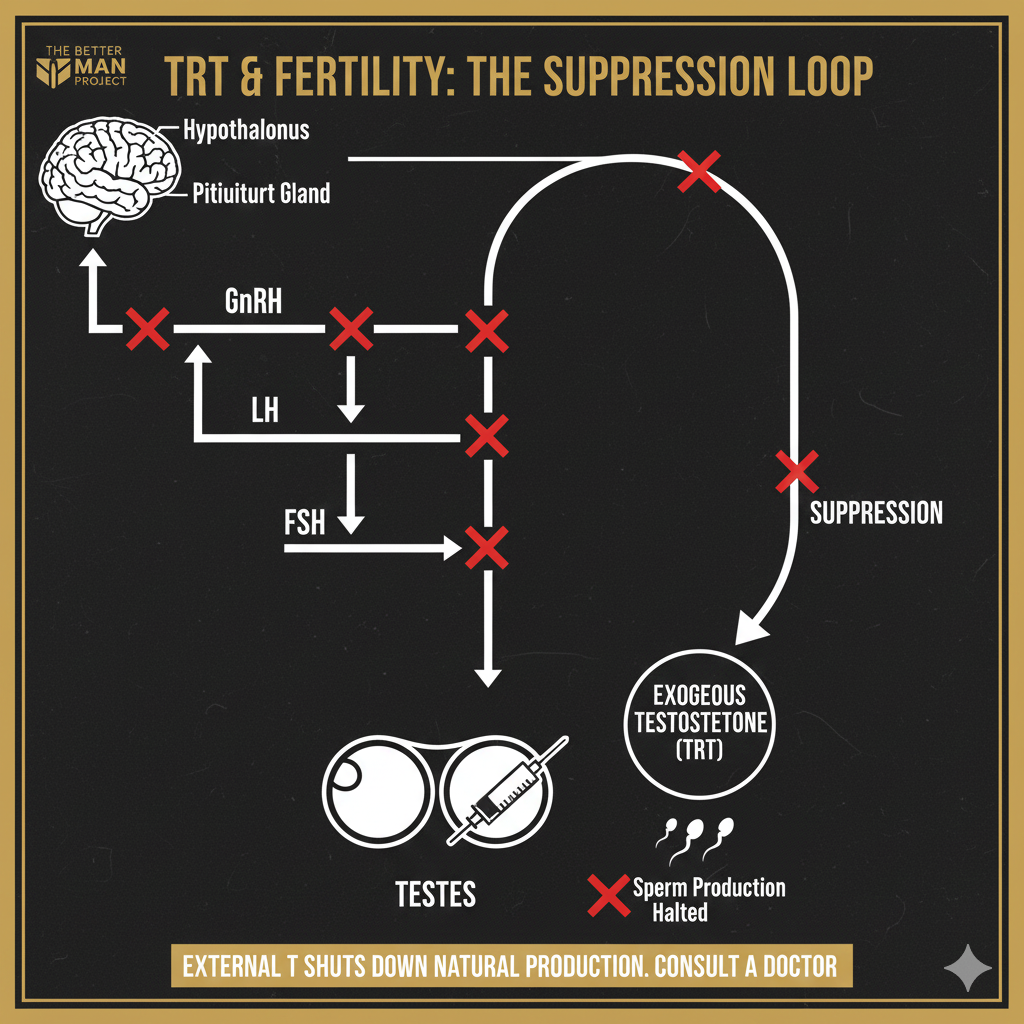 A professional medical diagram illustrating the negative feedback loop where exogenous Testosterone suppresses the signals (GnRH, FSH, LH) sent from the brain (Hypothalamus/Pituitary) to the testes