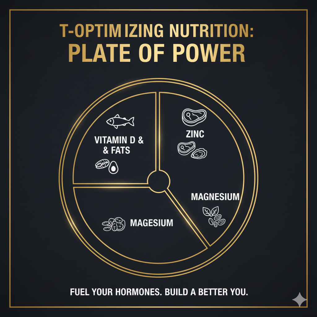An infographic of a plate divided into three sections, featuring small icons for Salmon (Vitamin D/Fats), Red Meat/Oysters (Zinc), and Dark Leafy Greens/Nuts (Magnesium)