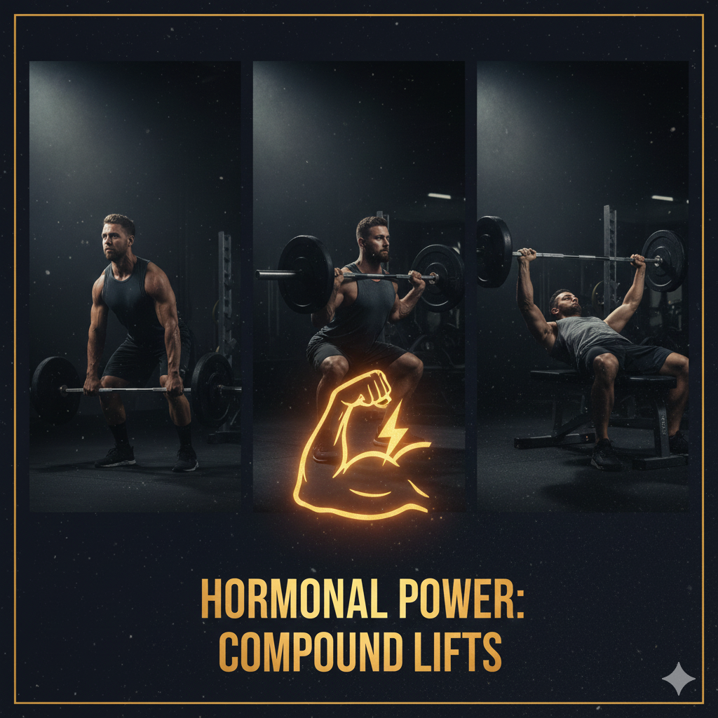 A collage or triptych showing men performing the three key compound lifts: a deadlift, a squat, and a bench press, overlaid with an icon representing muscle and strength