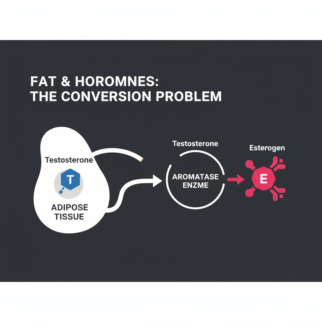 A simple graphic illustrating fat tissue (adipose cell) with an arrow pointing toward a testosterone molecule being converted into an estrogen molecule via the aromatase enzyme
