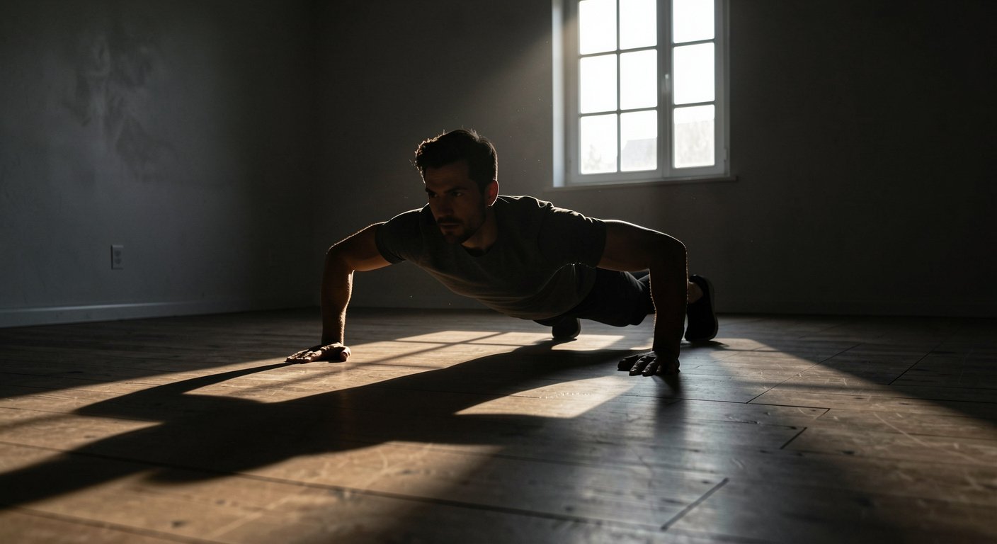 Man doing pushups in minimal home setup demonstrating the 20-minute bodyweight workout
