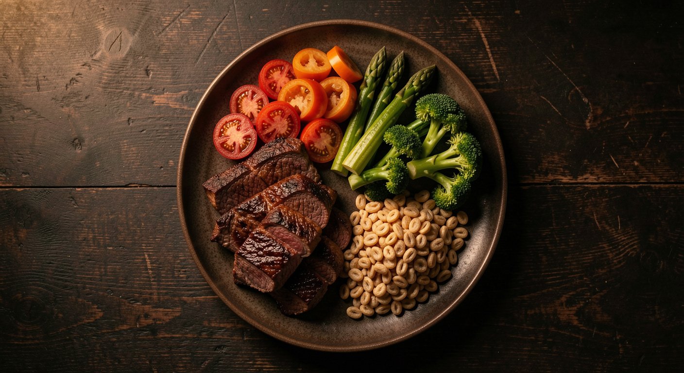 Cast-iron skillet with seared steak and rough-chopped vegetables on dark wooden table