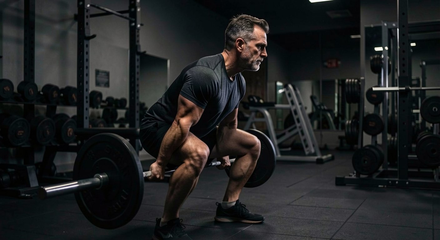 Man in his mid-30s doing controlled pull-ups in garage gym, morning light