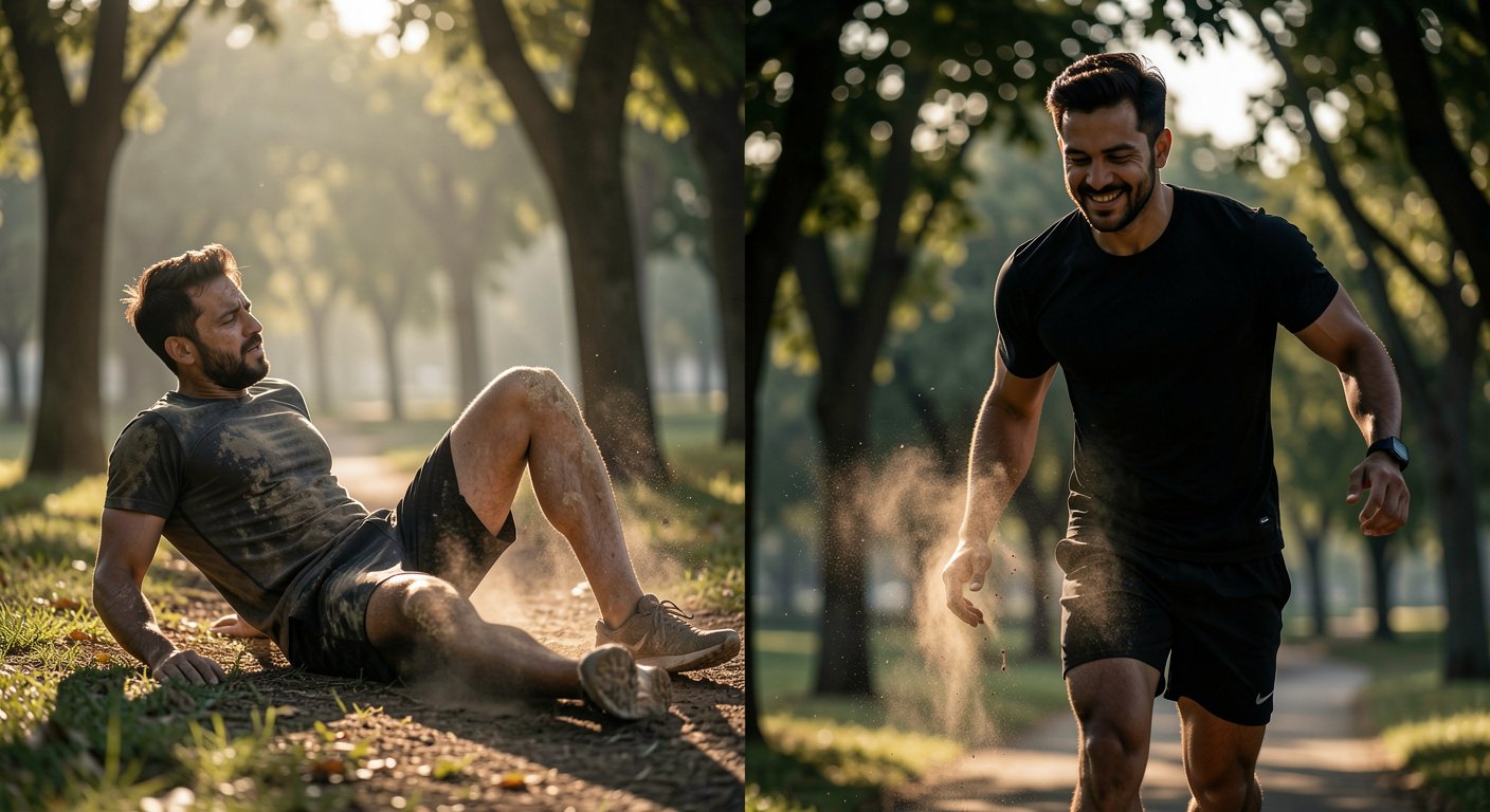 Split image of man falling during run and getting back up - resilience and overcoming fear of failure