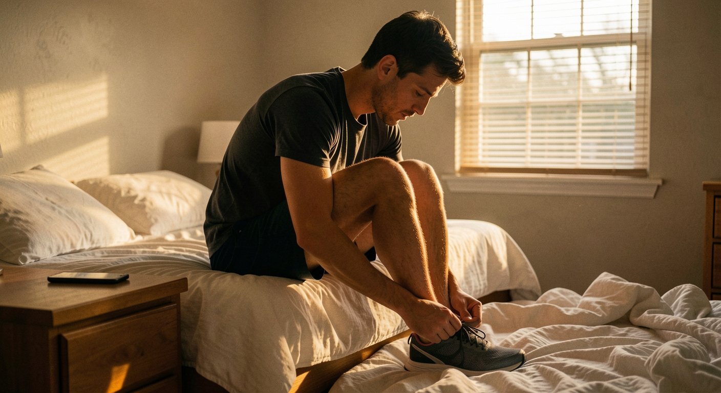 Man starting a dopamine detox for men by leaving his phone behind and lacing up for a morning run