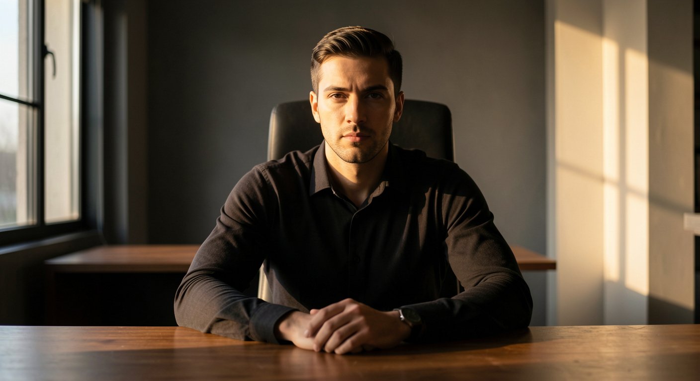 A calm, centered man at a desk making direct eye contact