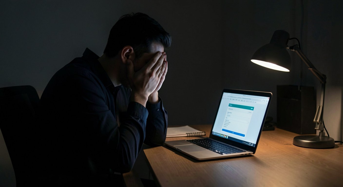 Man at desk at night with hands covering face - the weight of hesitation and fear of failure
