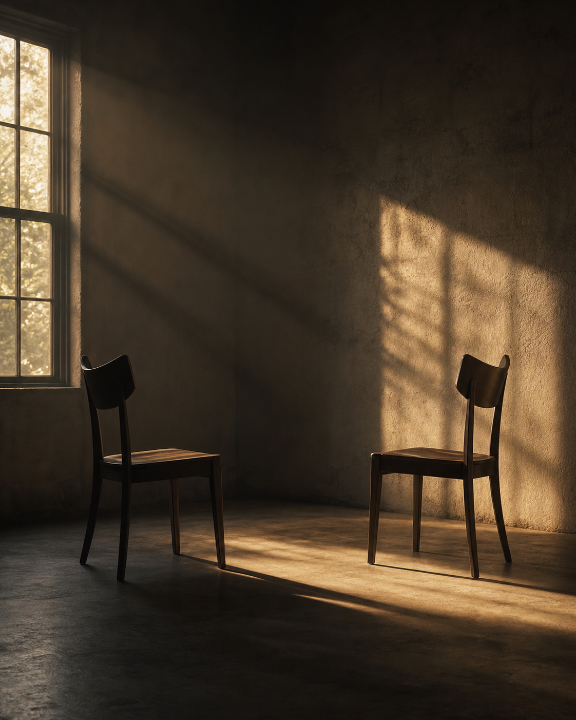 Two empty chairs facing each other in morning light, symbolizing the space men must create for friendship