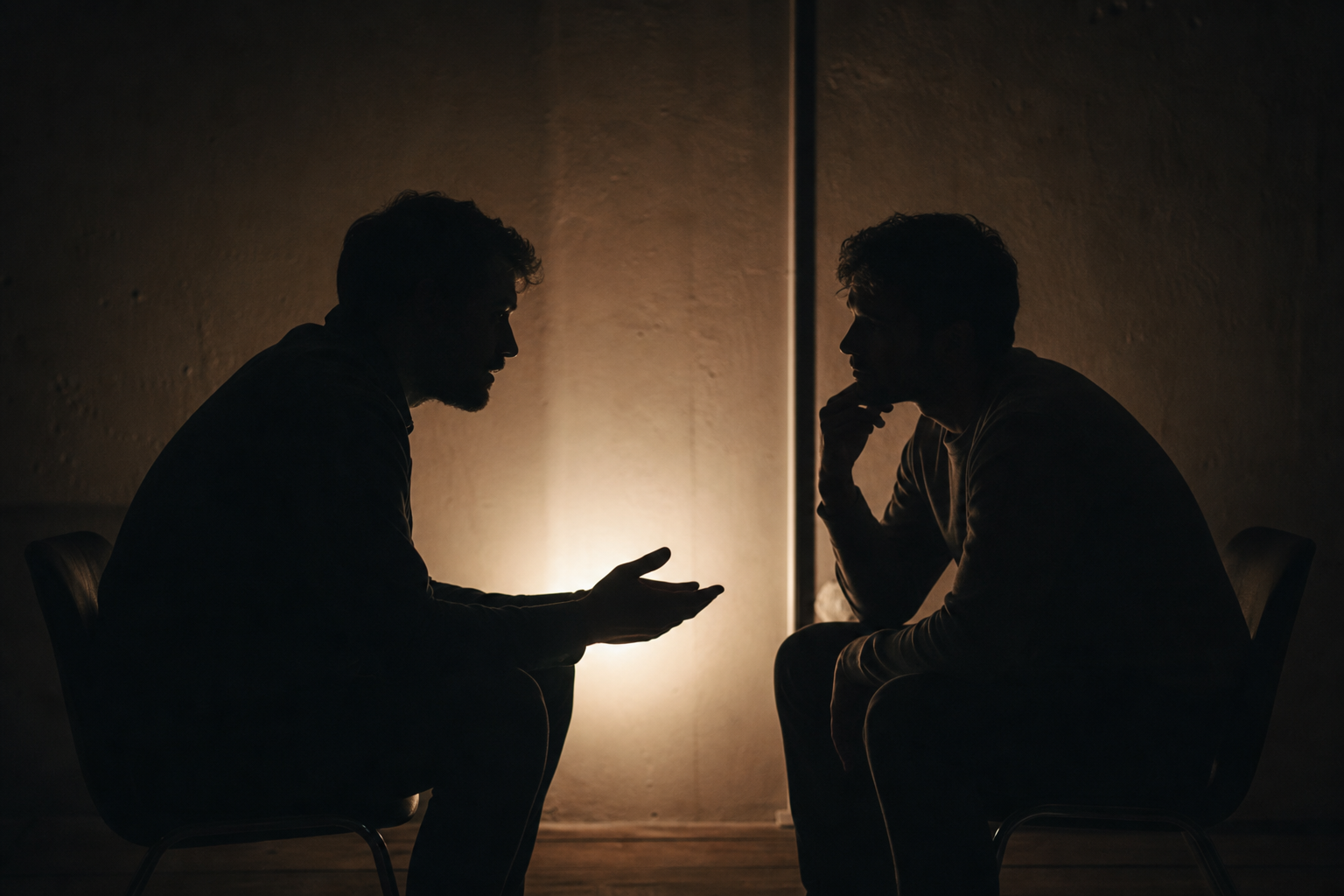 Two men in deep conversation, backlit by warm light, symbolizing genuine male connection