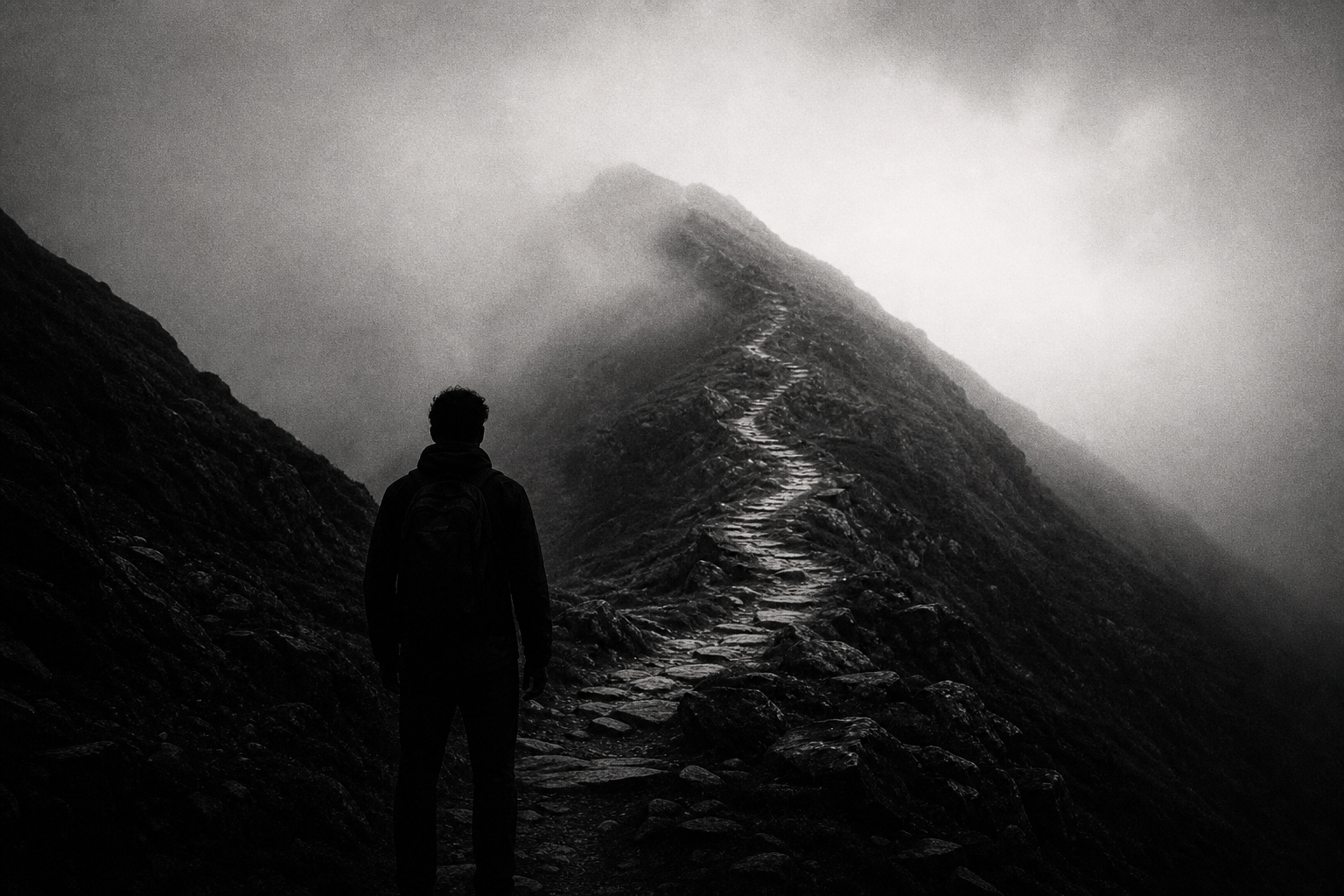 A man facing mountain terrain