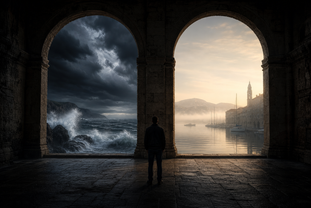 A man standing in an ancient stone archway, storm on one side calm harbor on the other, choosing his focus