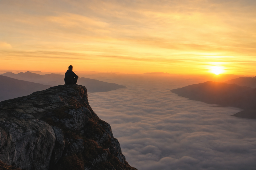 A man sitting alone on a rocky cliff edge at dawn overlooking a misty valley, calm and contemplative
