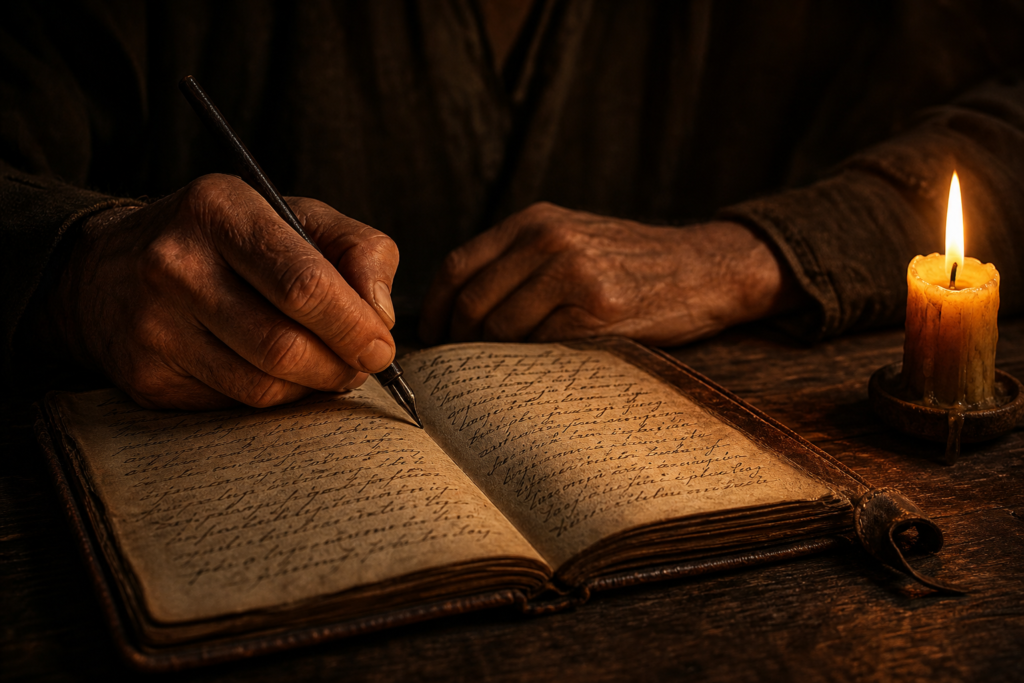 Close-up of a man's hands writing in a leather journal by candlelight, the inner work of reflection