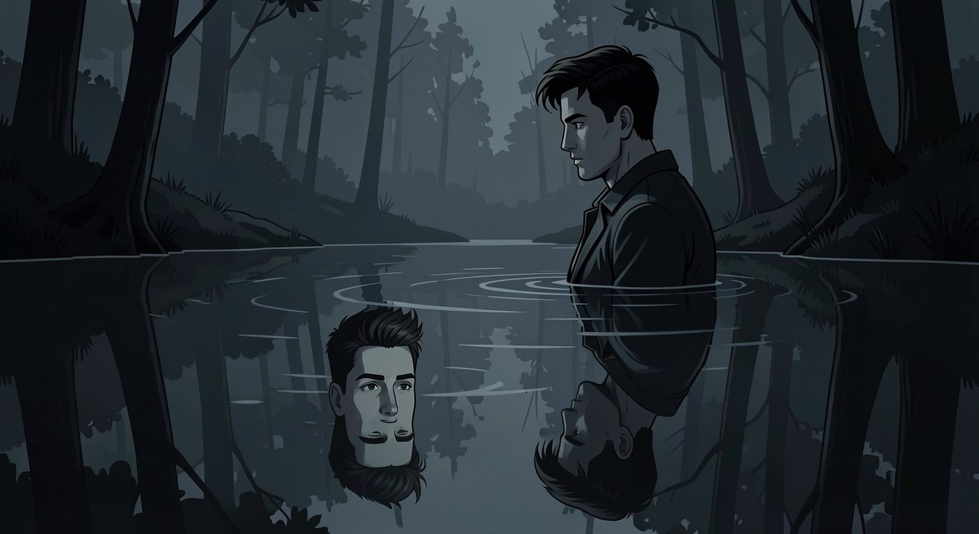 Man looking at younger reflection in water, escaping comparison trap