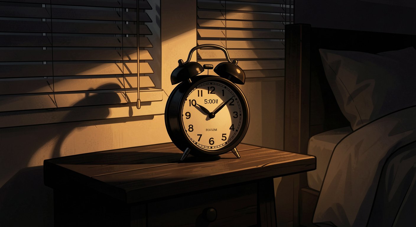 Alarm clock at 5AM, morning light through blinds