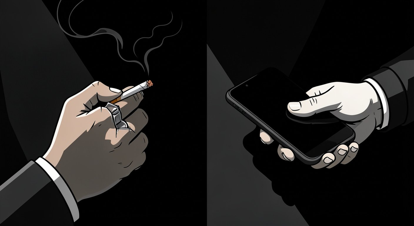 Hand crushing cigarette, letting go of phone