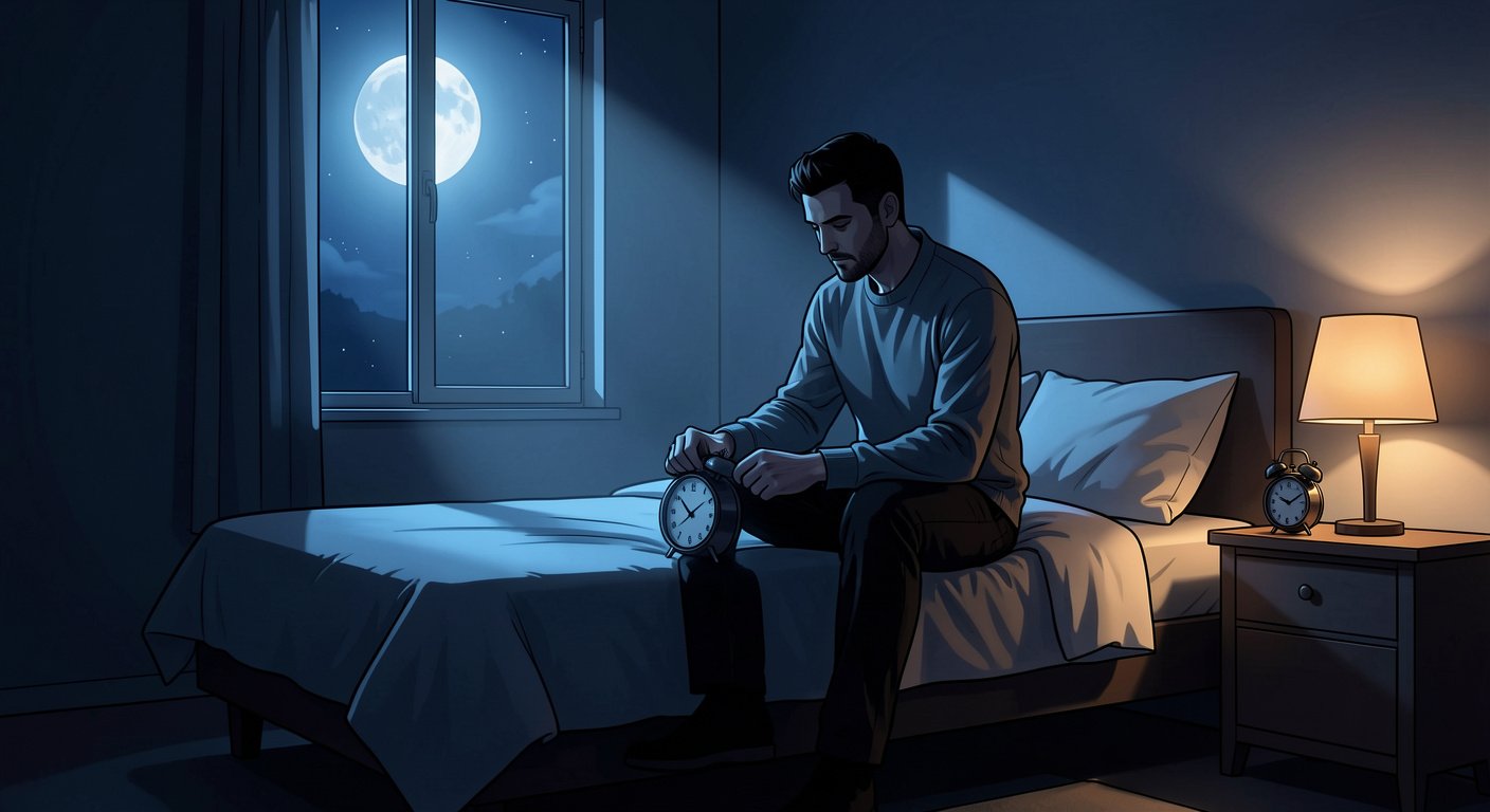 Man on bed edge in moonlight, sleep optimization and recovery