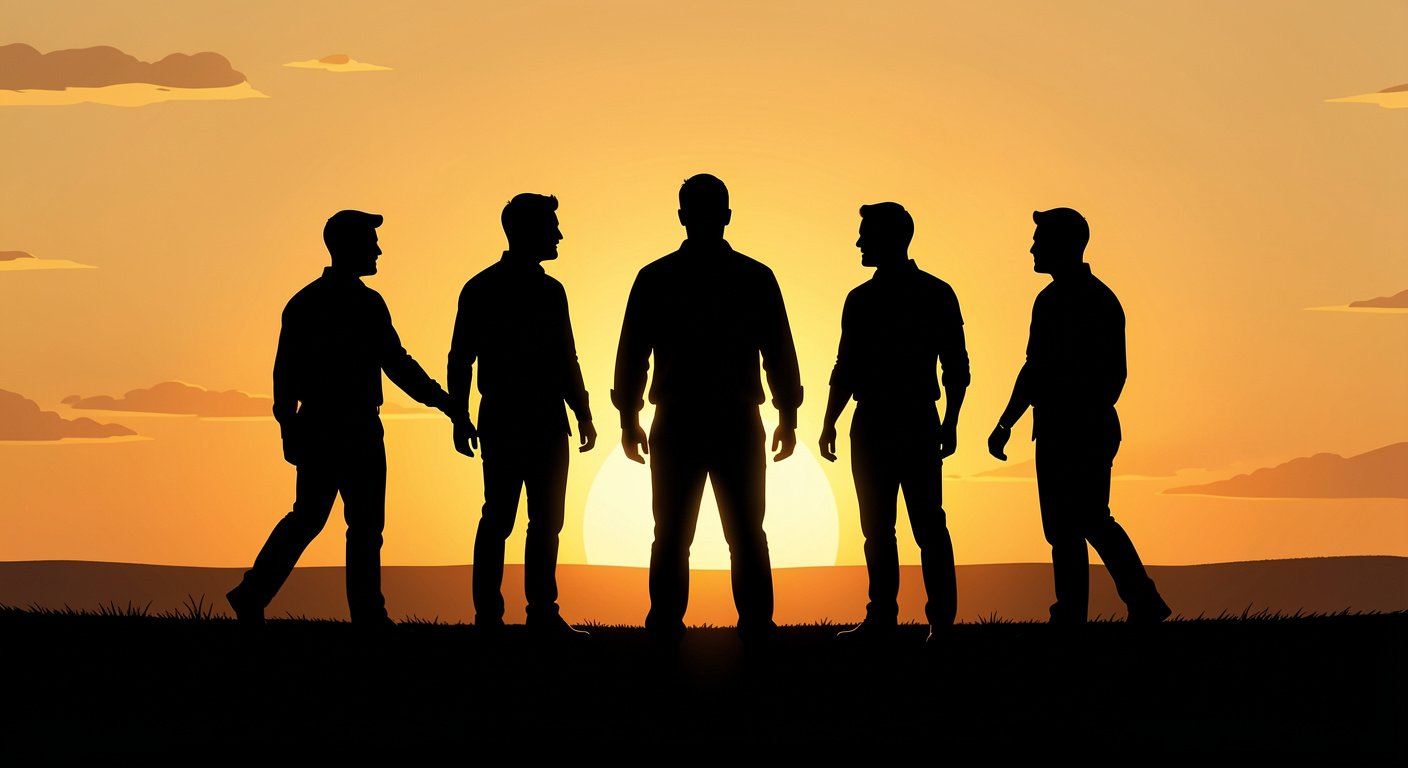 Five men silhouetted against sunrise, choosing your social tribe