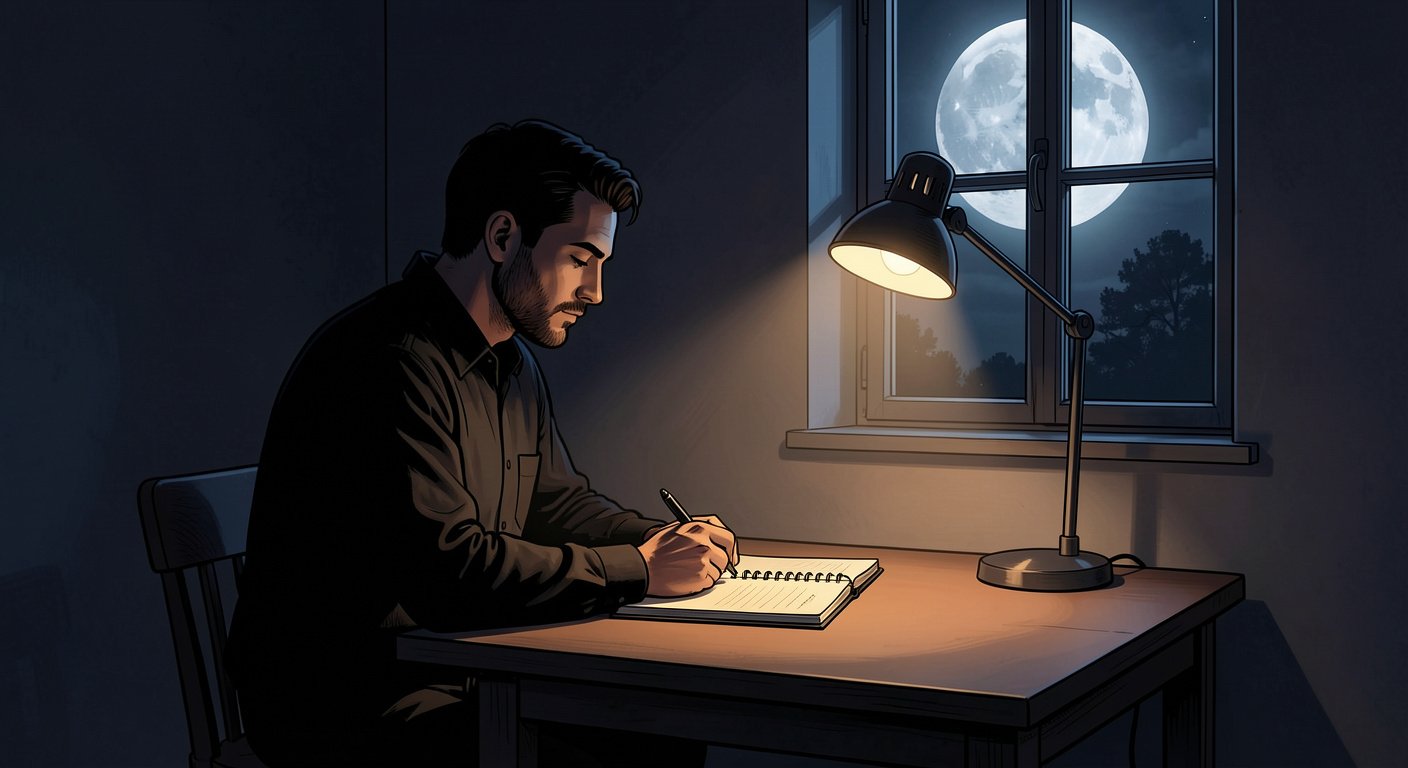 Man at desk with notebook, lamp and moonlight, monthly self-audit