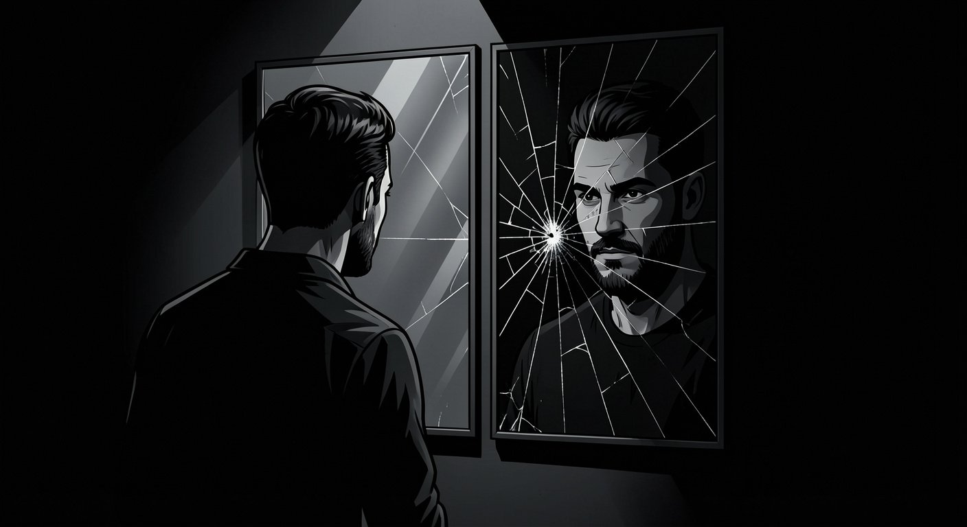 Man looking at cracked mirror, symbolic of self-honesty
