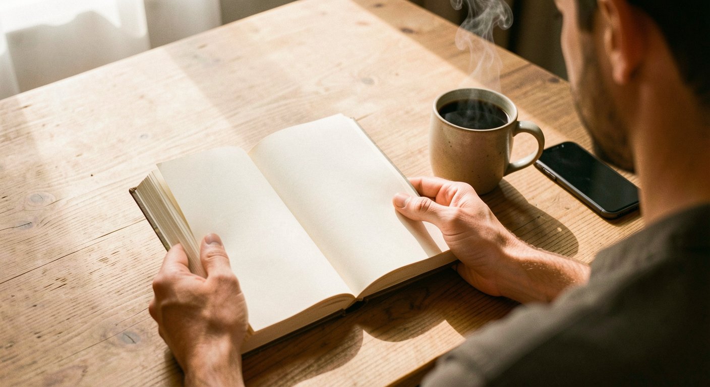 Man reading a physical book during his morning routine instead of scrolling on his phone, practicing a dopamine detox for men