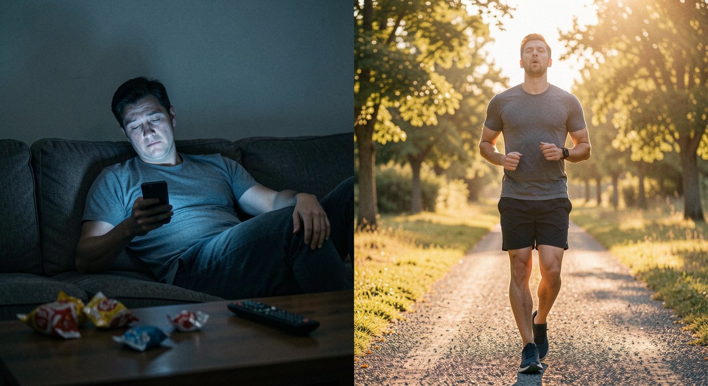 Comparison showing the before and after of a dopamine detox for men, from couch scrolling to outdoor exercise
