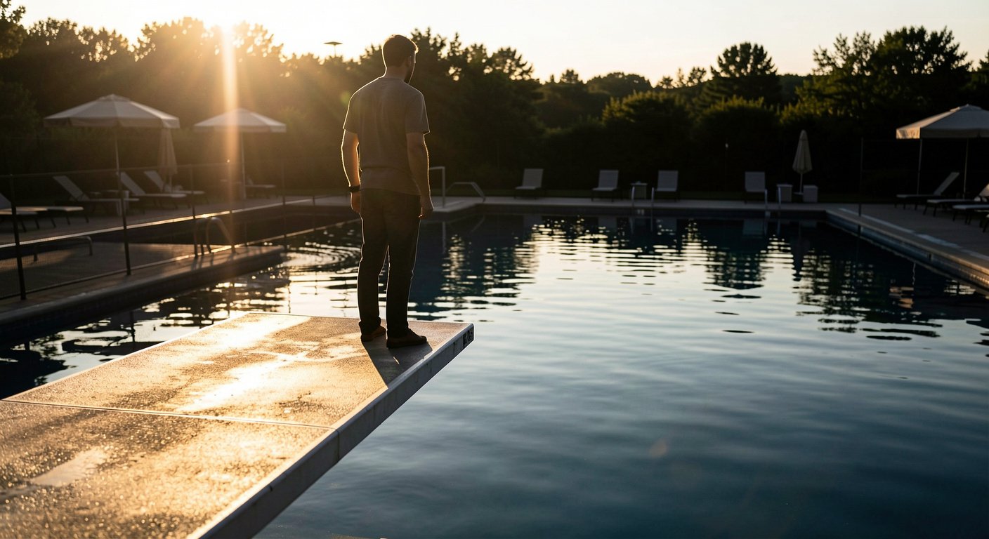 Man standing at edge of diving board looking down at water - symbolic of facing fear of failure