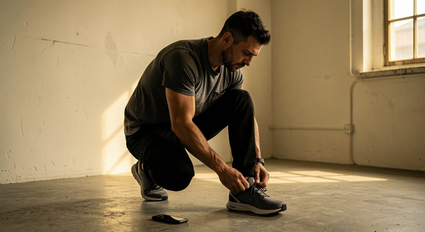 A man choosing the hard task first with phone set aside and training gear ready