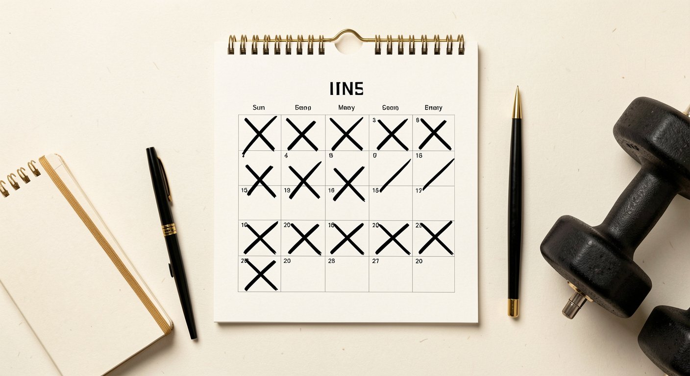 A simple calendar marked with daily wins showing kept promises and discipline
