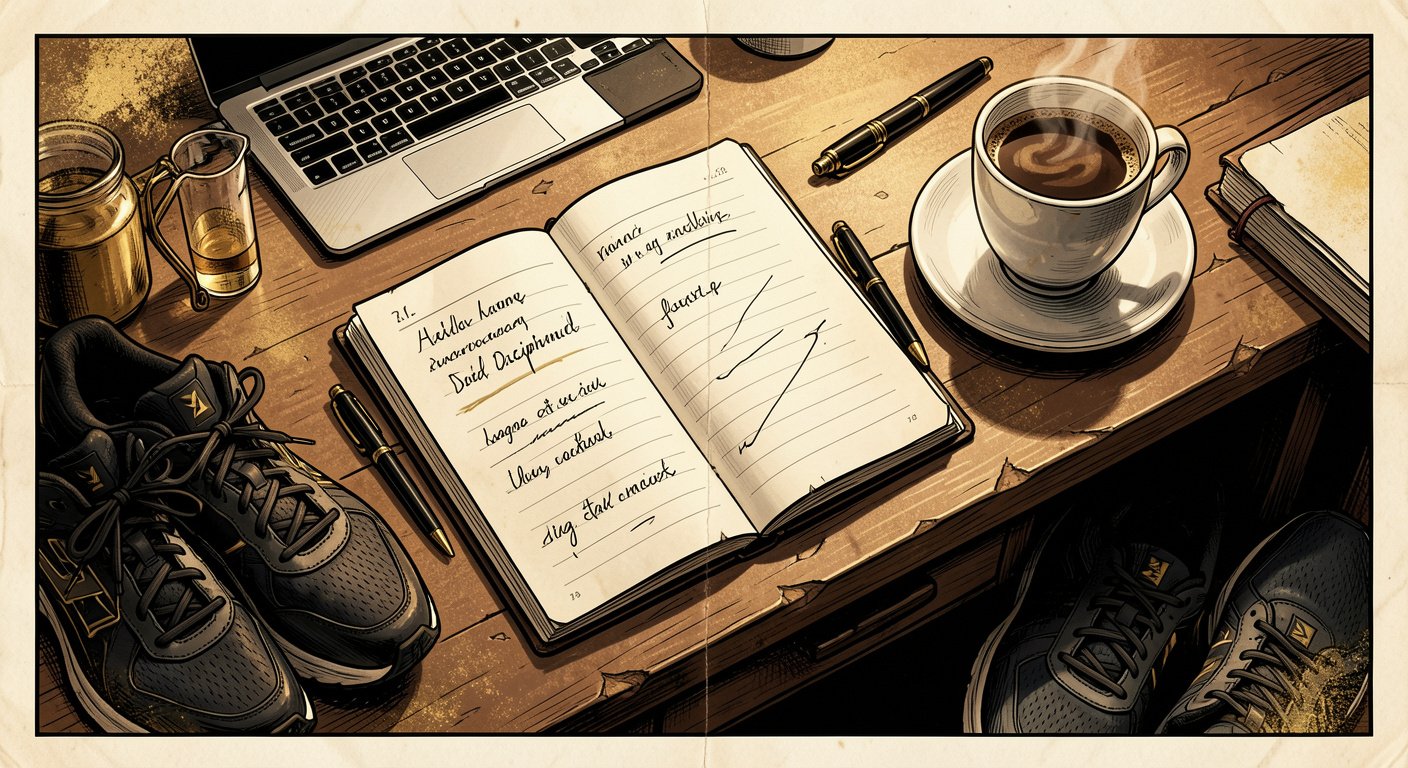 A disciplined man starting his day with a written standard before sunrise