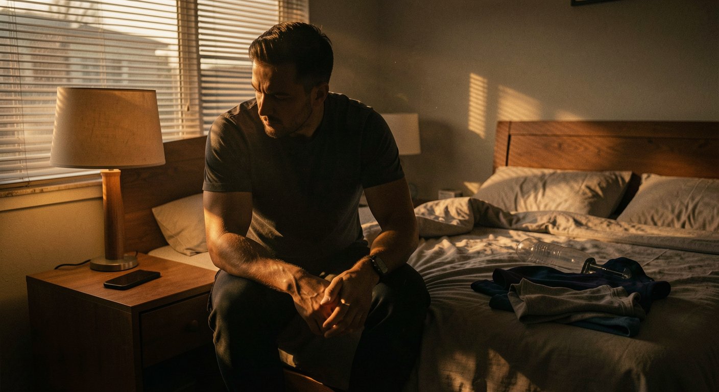 A man sitting on the edge of his bed at dawn, facing the moment of decision