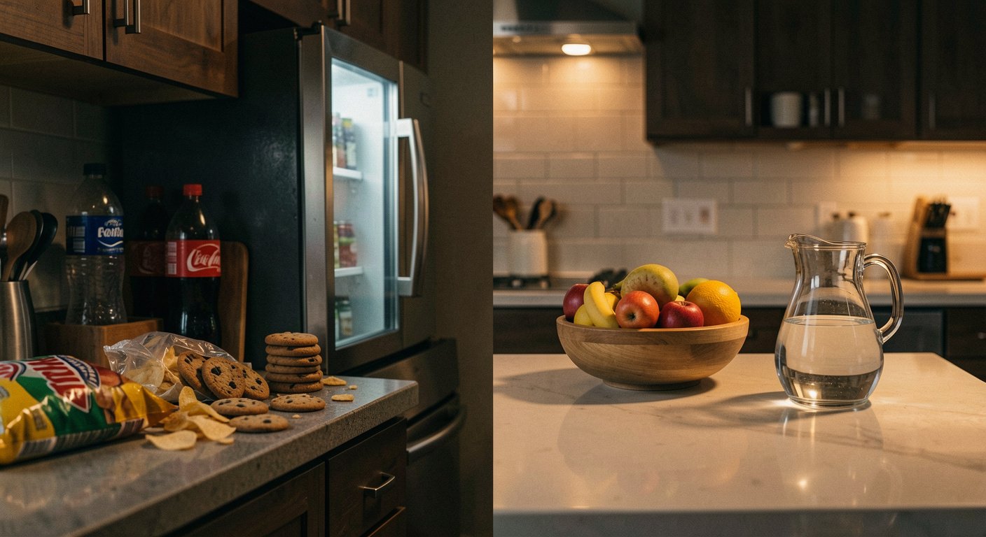 Split screen kitchen counters showing environment design. Cluttered vs clean.