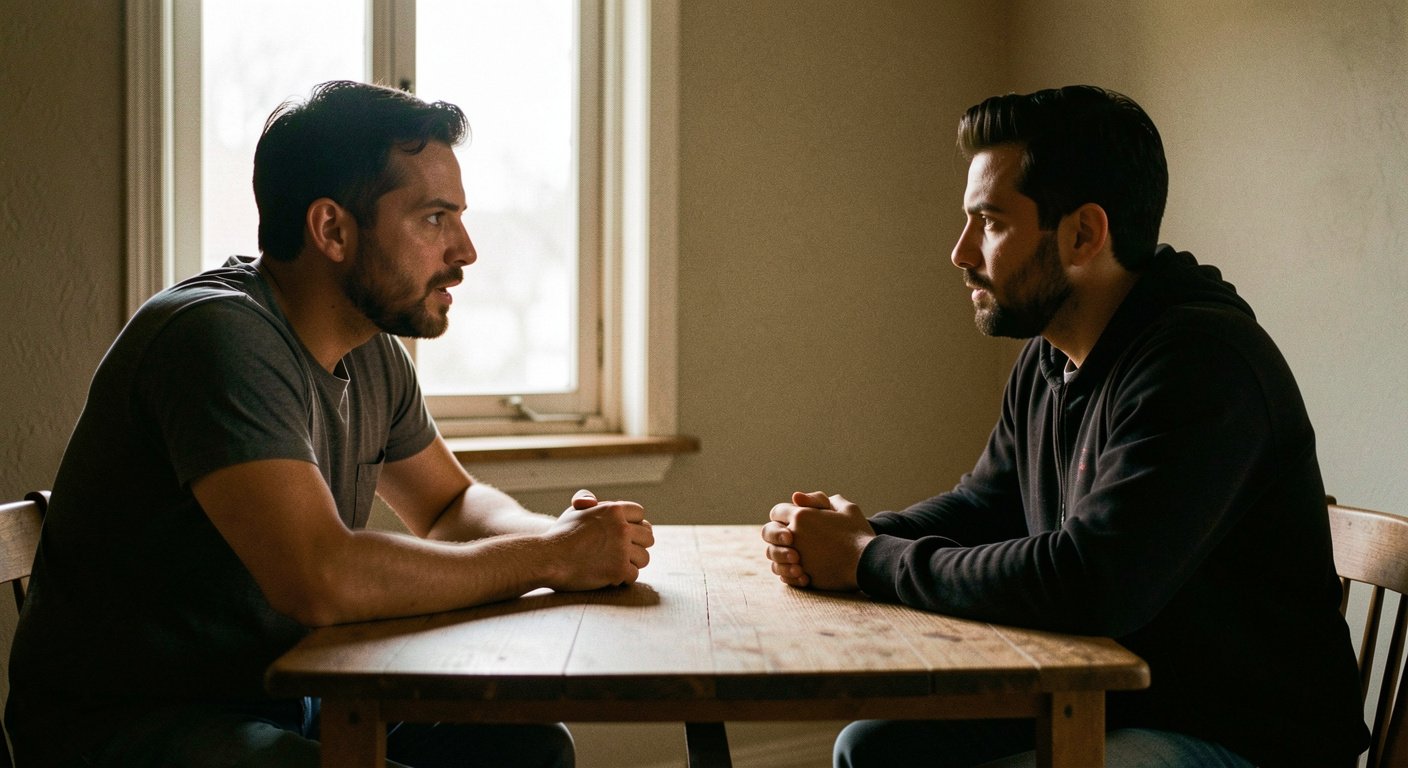 Two men having honest conversation representing men's accountability partnership
