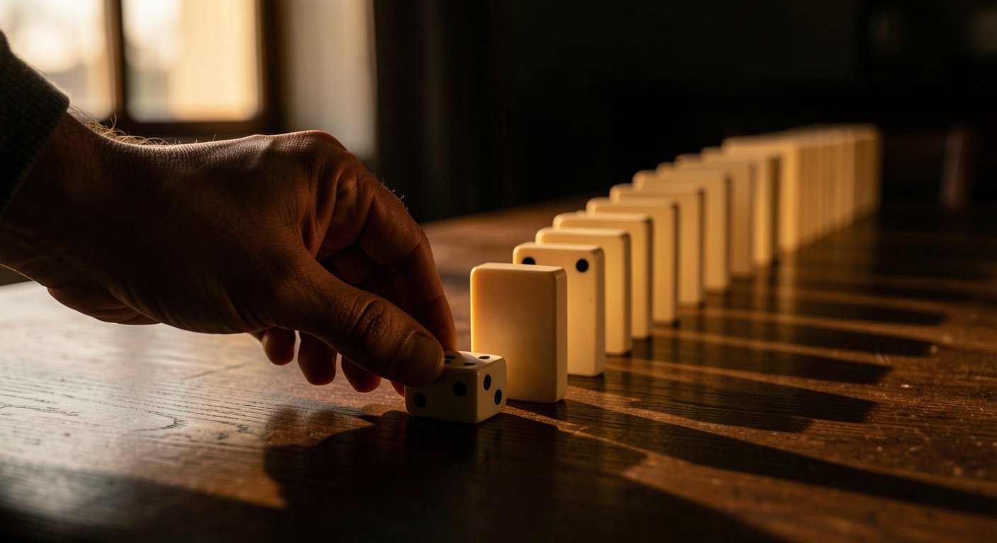 Close-up of a hand placing a small domino with chain of larger dominoes stretching into distance