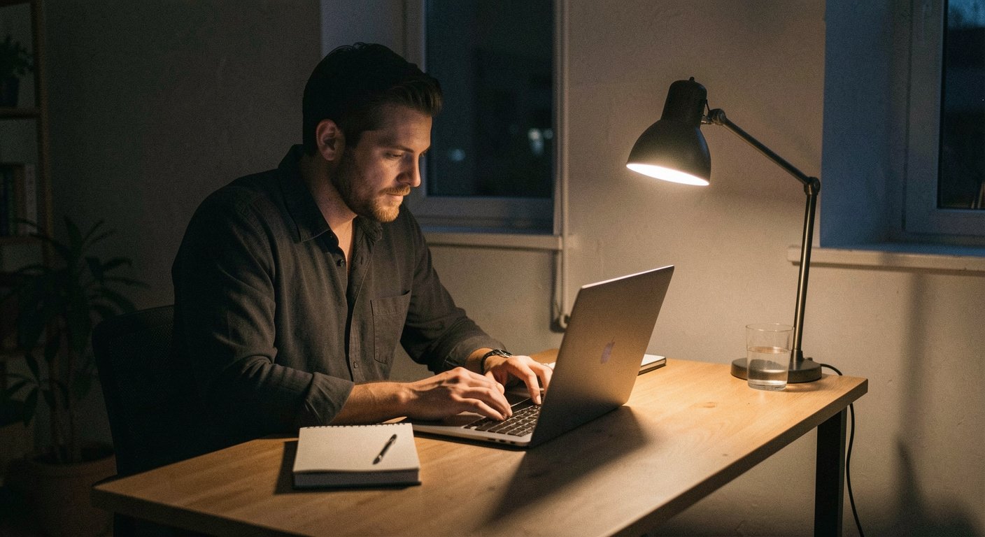 Man reviewing business plans at wooden desk with laptop representing men's business ideas
