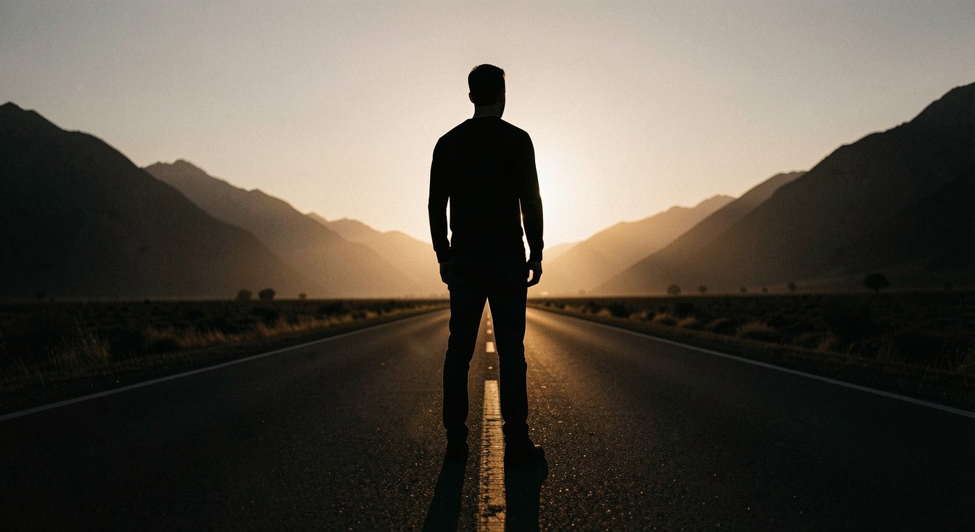 A man silhouette standing at dawn on an empty road toward mountains