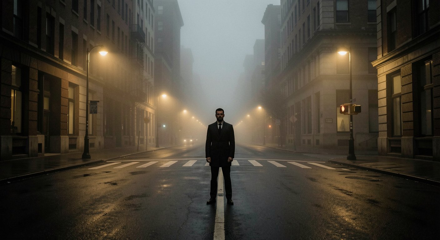 Man at crossroads in foggy urban street at dawn - decision paralysis concept