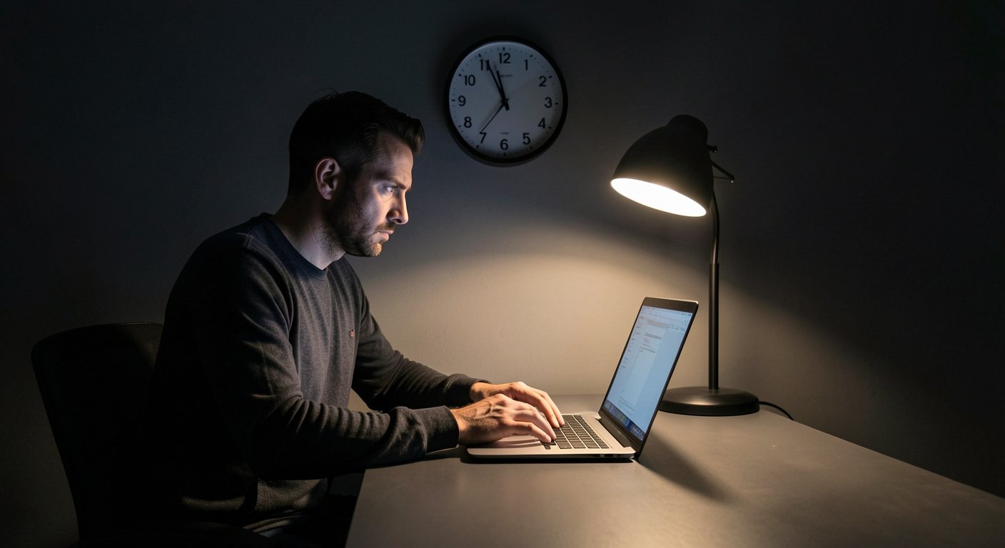 Man at desk late night overthinking