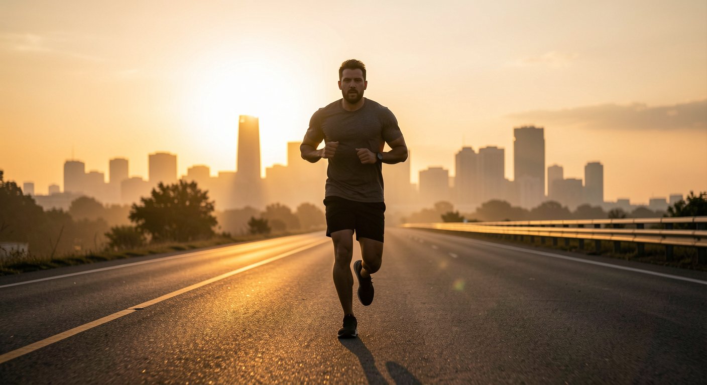 Man running at sunrise leaving city behind