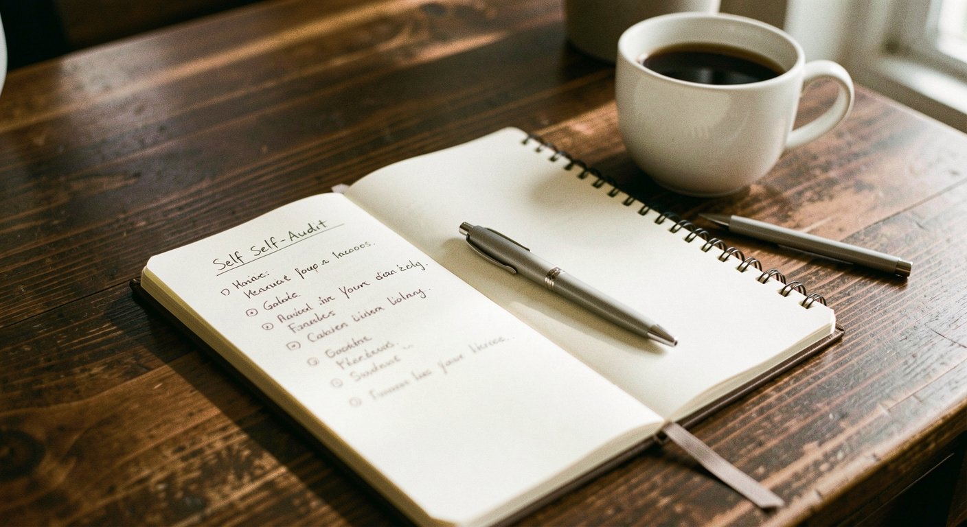 Man reading personal development book in morning light with coffee
