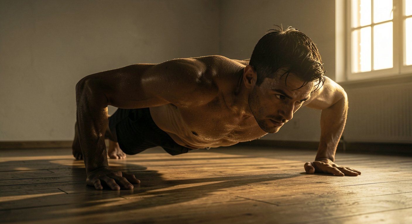 Man doing push-ups in dim apartment at dawn - self-discipline concept