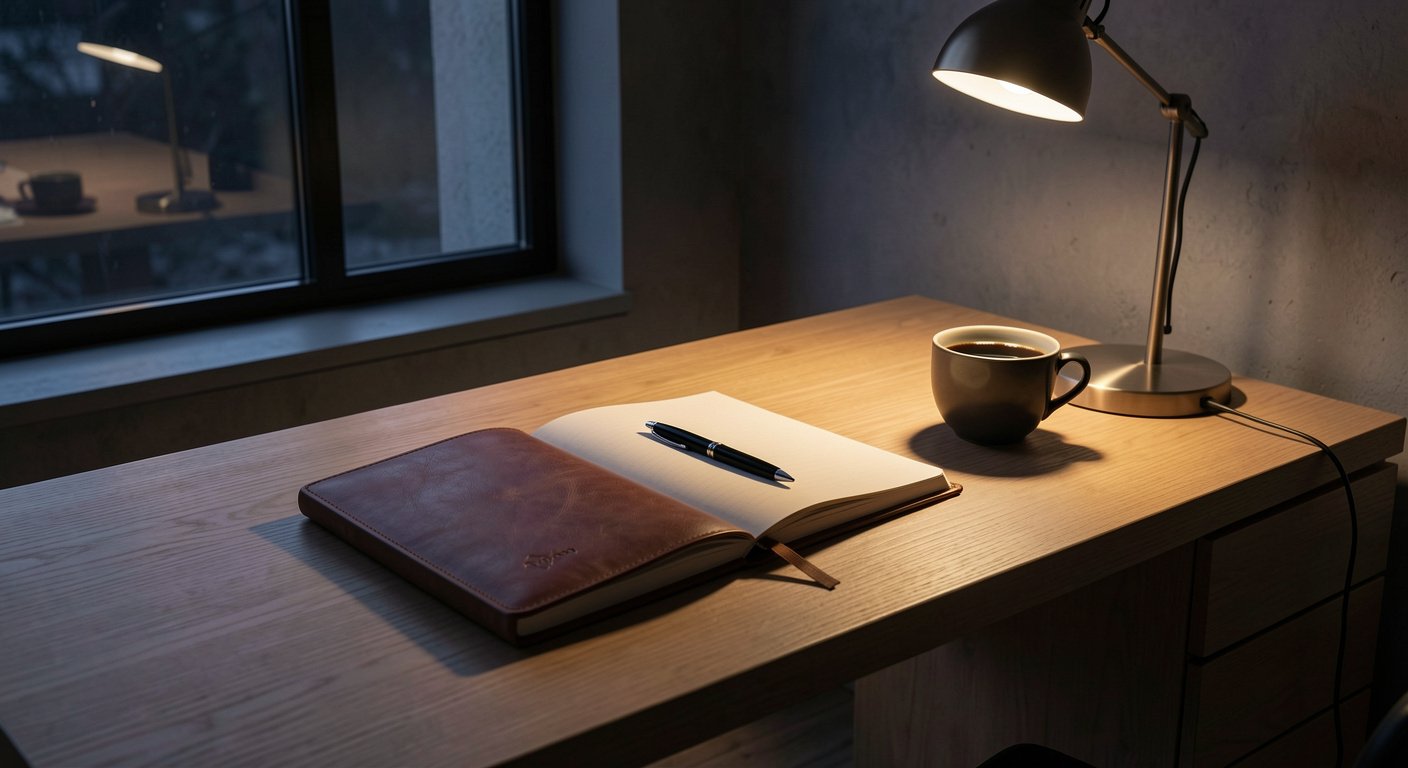 Clean desk with journal pen coffee at dawn