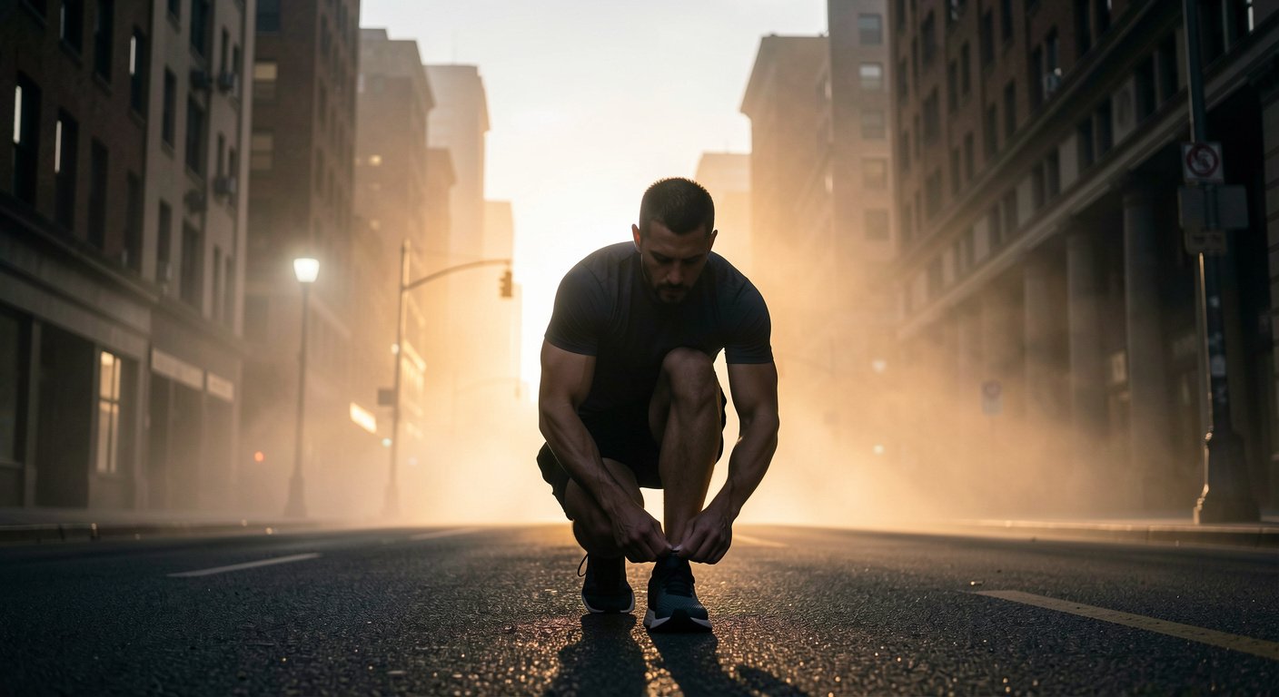 Man lacing running shoes at dawn on urban street
