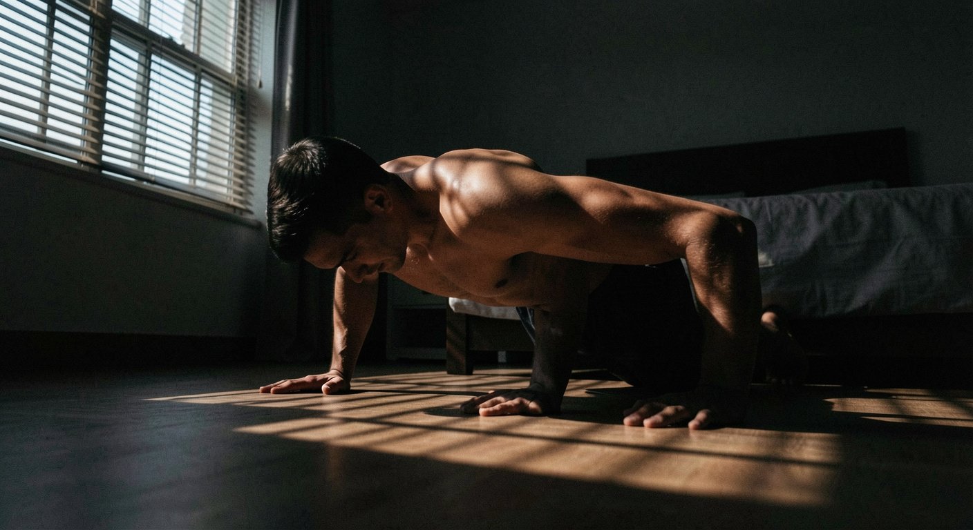 A man doing pushups in a dark bedroom with morning light streaming through blinds