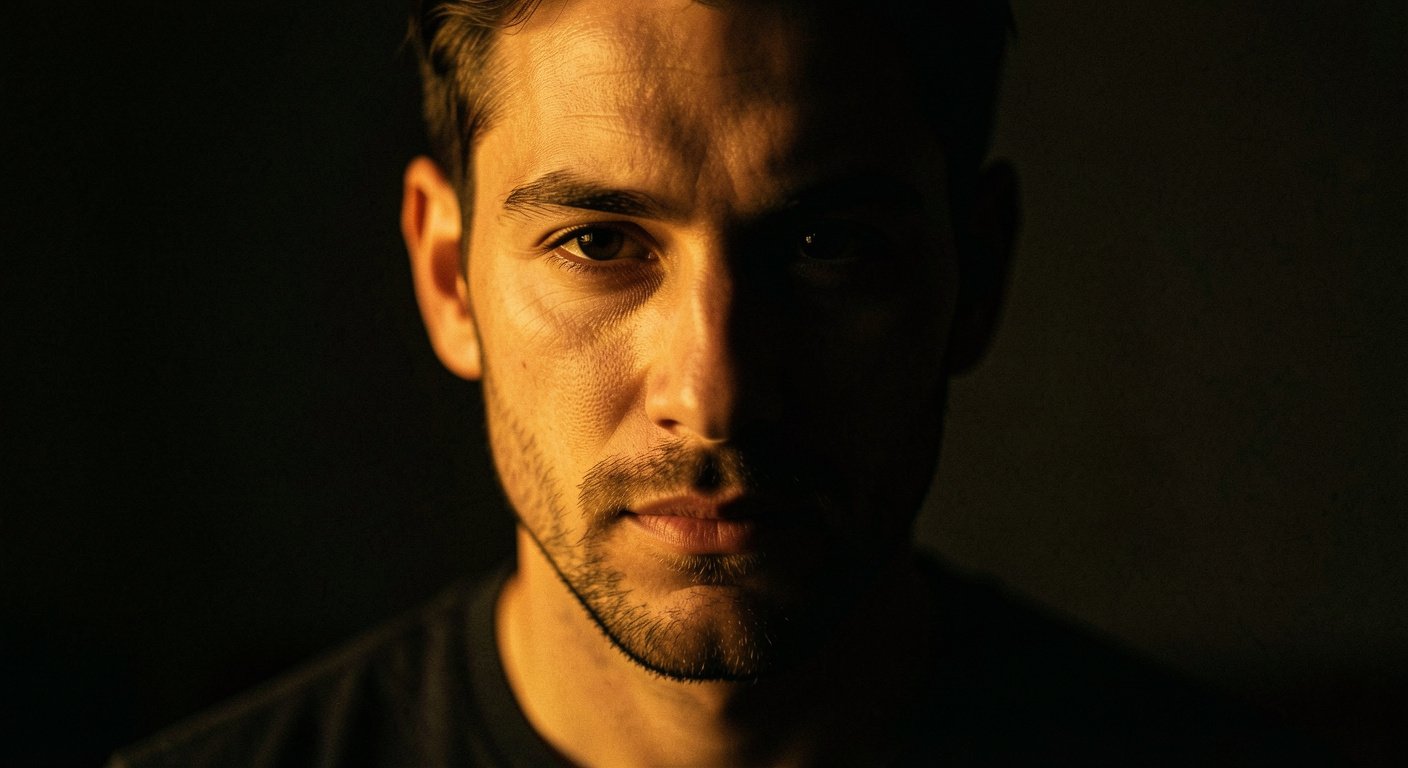 Close-up of a man face in partial shadow with calm controlled expression