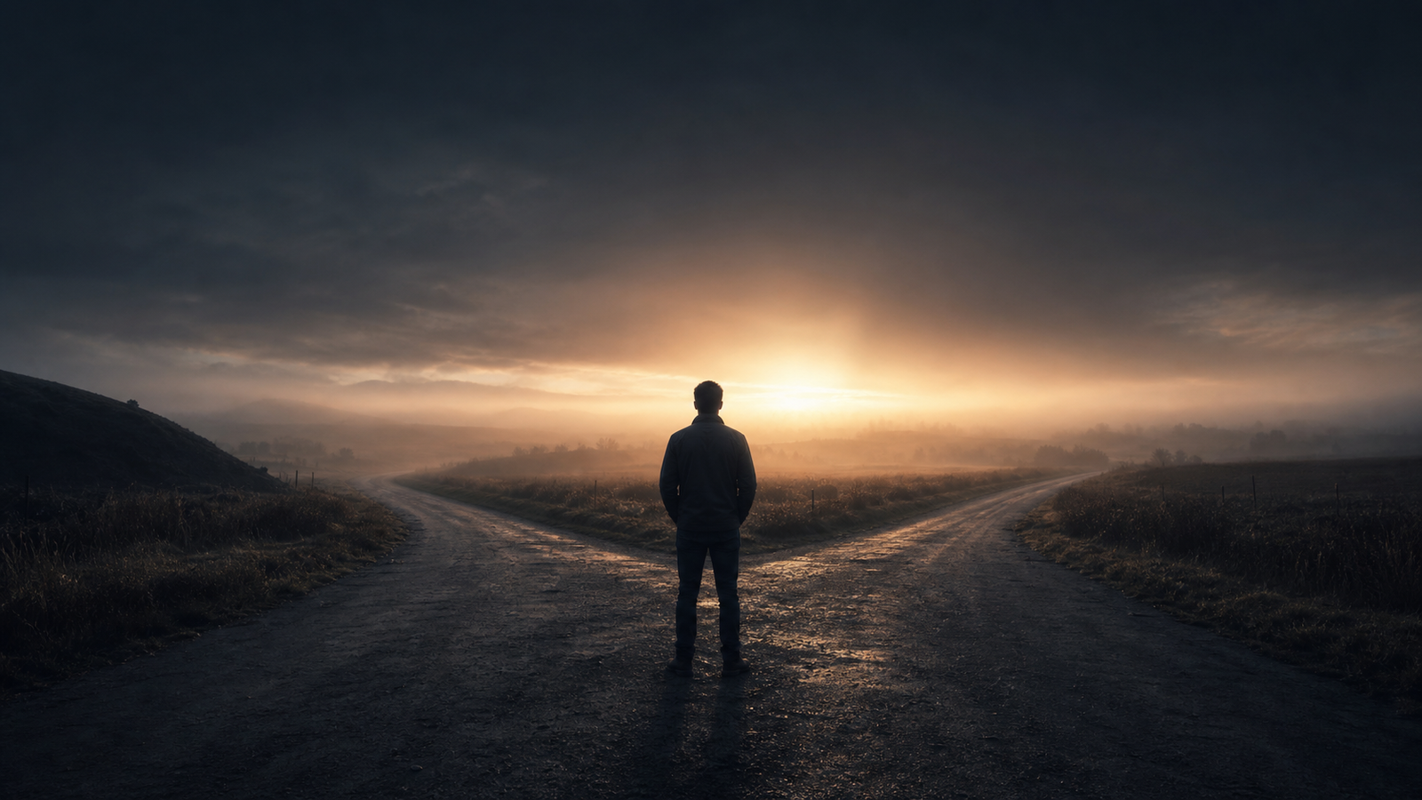 A man standing at a crossroads at dawn — symbolic of finding direction and purpose in life
