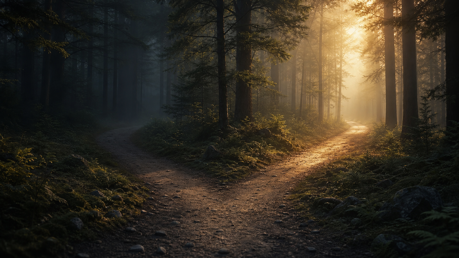 Two paths diverging in a forest at dawn â symbolic of choosing direction and building purpose through action